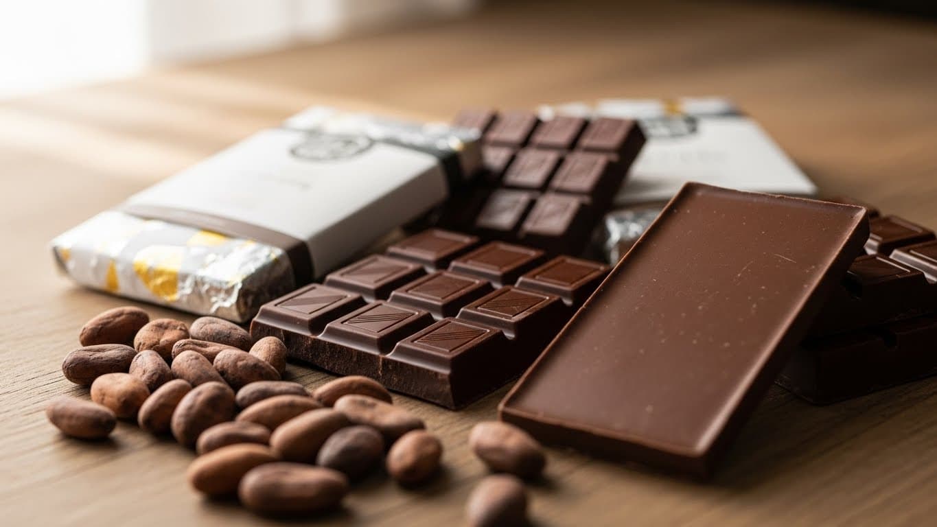 Rich dark chocolate bars arranged with cocoa beans