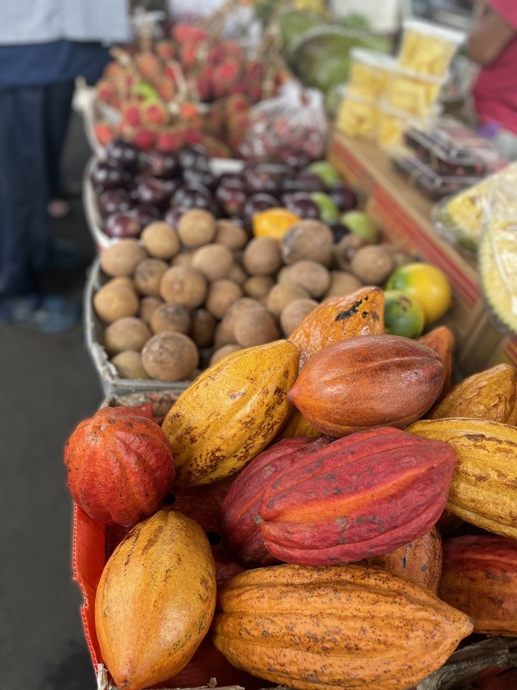 Fresh cacao pods displayed alongside tropical fruit at a Hawaiian farmers market
